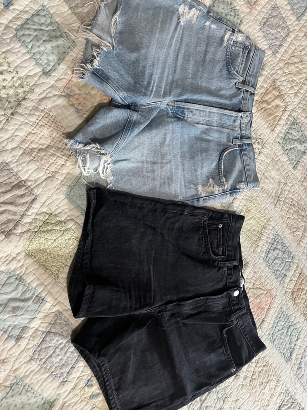 Agolde Light Blue & Black Frayed Hem Denim Shorts Duo